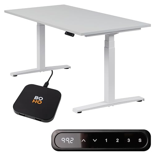 boho office® Höhenverstellbarer Schreibtisch 180 x 80 cm - Elektrisch stufenlos, inkl. Wireless Charger, Memoryfunktion, Kollisionsschutz - Basic Line Weiß inkl. Tischplatte in Lichtgrau von boho office