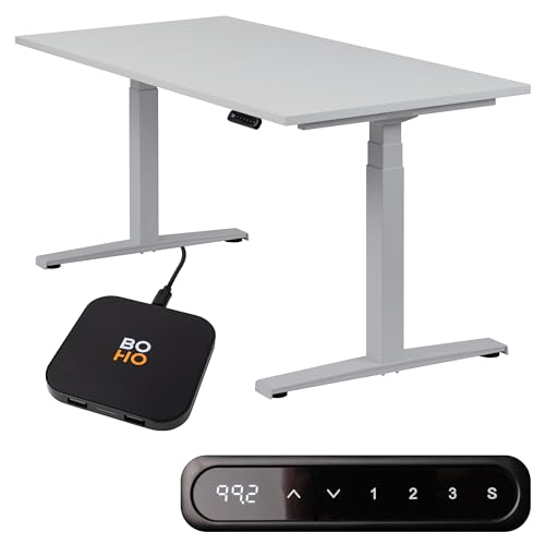 boho office® Höhenverstellbarer Schreibtisch 140 x 80 cm - Elektrisch stufenlos, inkl. Wireless Charger, Memoryfunktion, Kollisionsschutz - Basic Line Silber inkl. Tischplatte in Lichtgrau von boho office