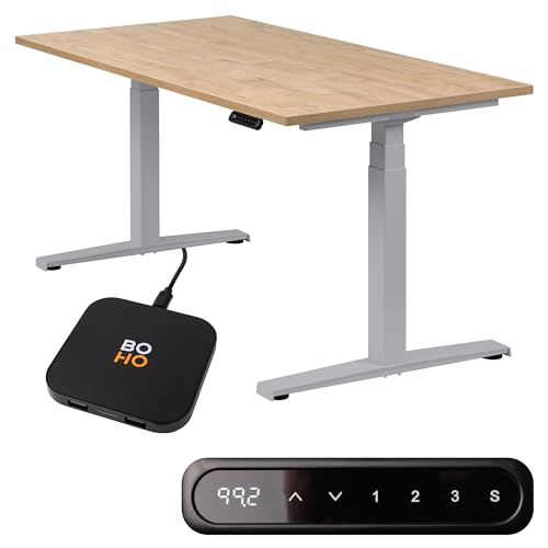 boho office® Höhenverstellbarer Schreibtisch 140 x 80 cm - Elektrisch stufenlos, inkl. Wireless Charger, Memoryfunktion, Kollisionsschutz - Basic Line Silber inkl. Tischplatte in Wildeiche von boho office