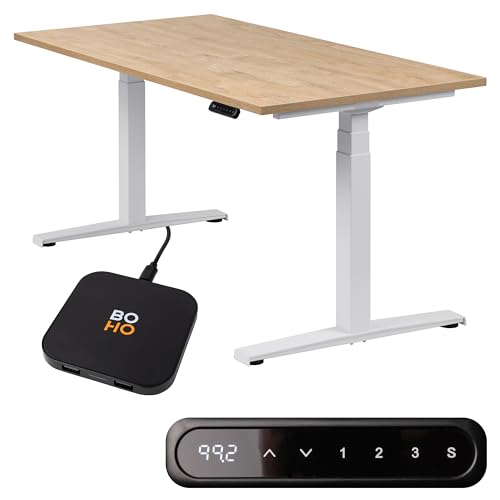 boho office® Höhenverstellbarer Schreibtisch 140 x 80 cm - Elektrisch stufenlos, inkl. Wireless Charger, Memoryfunktion, Kollisionsschutz - Basic Line Weiß inkl. Tischplatte in Wildeiche von boho office