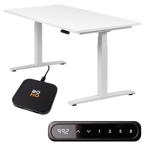 boho office® Höhenverstellbarer Schreibtisch 160 x 80 cm - Elektrisch stufenlos, inkl. Wireless Charger, Memoryfunktion, Kollisionsschutz - Basic Line Weiß inkl. Tischplatte in Weiß von boho office