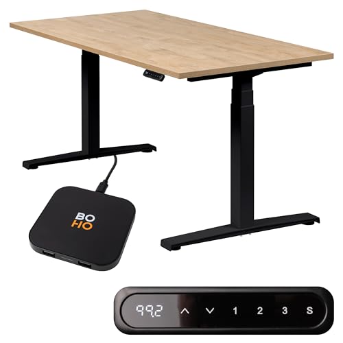 boho office® Höhenverstellbarer Schreibtisch 120 x 80 cm - Elektrisch stufenlos, inkl. Wireless Charger, Memoryfunktion, Kollisionsschutz - Basic Line Schwarz inkl. Tischplatte in Wildeiche von boho office