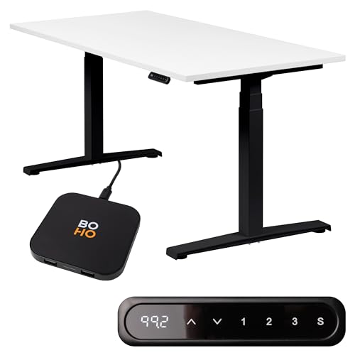 boho office® Höhenverstellbarer Schreibtisch 140 x 80 cm - Elektrisch stufenlos, inkl. Wireless Charger, Memoryfunktion, Kollisionsschutz - Basic Line Schwarz inkl. Tischplatte in Weiß von boho office