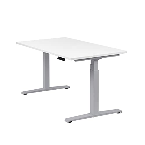 boho office® Höhenverstellbarer Schreibtisch 140 x 80 cm - Elektrisch stufenlos, 2 Motoren ultraschnelle 80 mm/Sek, Memoryfunktion, Kollisionsschutz - Basic Line Silber inkl. Tischplatte in Weiß von boho office