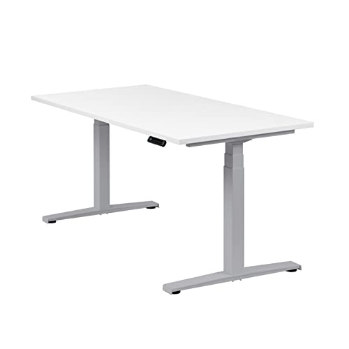 boho office® Höhenverstellbarer Schreibtisch 160 x 80 cm - Elektrisch stufenlos, 2 Motoren ultraschnelle 80 mm/Sek, Memoryfunktion, Kollisionsschutz - Basic Line Silber inkl. Tischplatte in Weiß von boho office