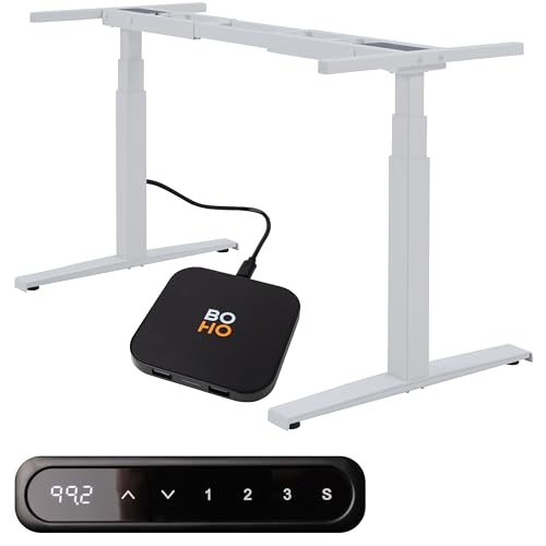boho office® Höhenverstellbarer Schreibtisch Gestell - elektrisch stufenlos, inkl. Wireless Charger, 2 Motoren, ultraschnelle 80 mm/Sek., stabil, Memoryfunktion, Kollisionsschutz - Basic Line Weiß von boho office