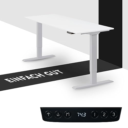 boho office® Höhenverstellbarer Schreibtisch 110 x 60 cm - Elektrisch stufenlos, 2 Motoren, 2-Fach Teleskop, Kollisionsschutz, USB-Anschlüsse - Homedesk Eco Silber inkl. Tischplatte in Weiß von boho office