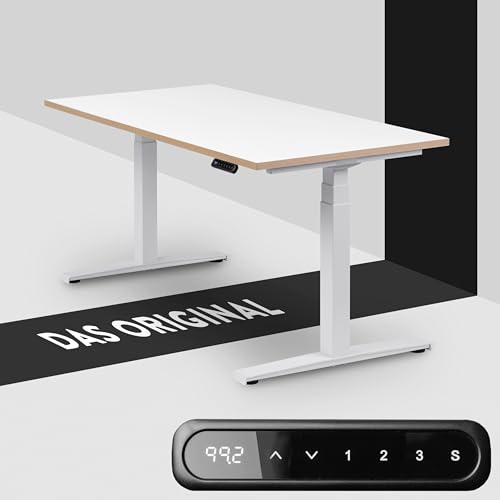 boho office® Höhenverstellbarer Schreibtisch - 140 x 80 cm Elektrisch stufenlos, inkl. Wireless Charger, Memoryfunktion - Basic Line Weiß inkl. Tischplatte in Weiß mit Multiplexkante von boho office