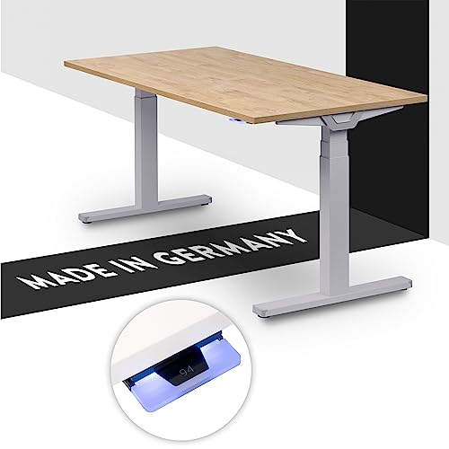 boho office® Höhenverstellbarer Schreibtisch 140 x 80 cm - Made in Germany, Elektrisch stufenlos, 2 Motoren, 3-Fach Teleskop, Kollisionsschutz - Premium Line Silber inkl. Tischplatte in Wildeiche von boho office