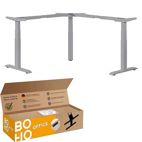 boho office® Höhenverstellbarer Schreibtisch Gestell - Elektrisch stufenlos, Eckschreibtisch mit 3 Motoren 50 mm/Sek, 3-Fach Teleskop, stabil, Memoryfunktion, Kollisionsschutz - Basic Line 90 Silber von boho office