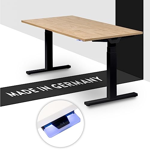 boho office® Höhenverstellbarer Schreibtisch 140 x 80 cm - Made in Germany, Elektrisch stufenlos, 2 Motoren, 3-Fach Teleskop, Kollisionsschutz - Premium Line Schwarz inkl. Tischplatte in Wildeiche von boho office