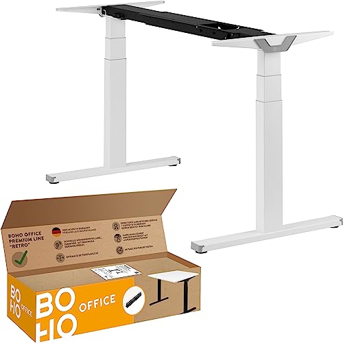 boho office® Höhenverstellbarer Schreibtisch Gestell - Made in Germany, Elektrisch stufenlos, 2 laufruhige Motoren, 3-Fach Teleskop, Kollisionsschutz - Premium Line Weiß mit Retroschalter von boho office