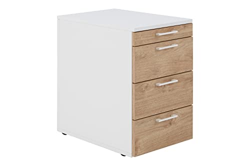 boho office® be.smart - Rollcontainer mit 3 Schubkästen und Utensilienfach inkl. verdeckter Rollen in weiß mit Front in Eiche und weißen Griffen von boho office