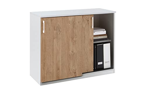 boho office® be.smart - Schiebetürenschrank mit 2 Türen und höhenverstellbaren Einlegeböden in weiß mit Front in Eiche und weißen Griffen von boho office