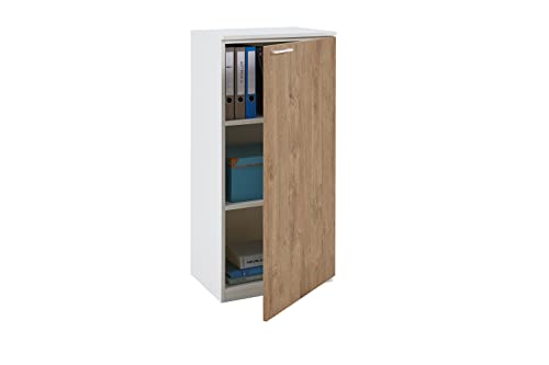 boho office® be.smart - Schrank 50 cm breit Tür rechts mit 2 höhenverstellbaren Einlegeböden und einstellbaren Füßen in weiß mit Front in Eiche und weißem Griff von boho office