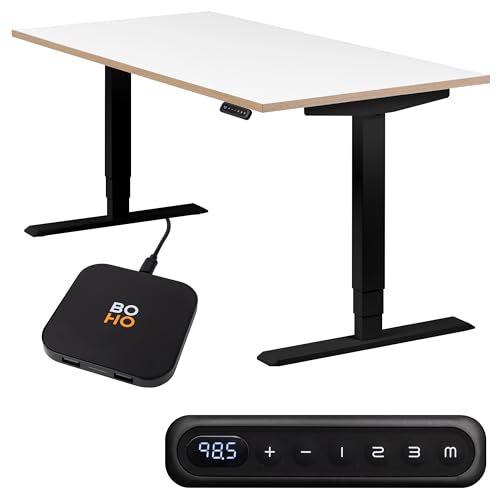 boho office® höhenverstellbarer Schreibtisch 140 x 80 cm - Elektrisch stufenlos, 2 Motoren, inkl. Wireless Charger, Memoryfunktion - Homedesk Schwarz inkl. Tischplatte in Weiß mit Multiplexkante von boho office