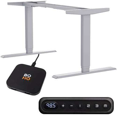 boho office® Höhenverstellbarer Schreibtisch Gestell – Elektrisch stufenlos, inkl. Wireless Charger, 2 Motoren, 3-Fach Teleskop, Memoryfunktion, Kollisionsschutz, Kindersicherung – Homedesk Silber von boho office