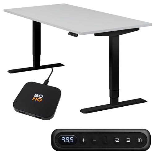 boho office® höhenverstellbarer Schreibtisch 120 x 80 cm - Elektrisch stufenlos, 2 Motoren, 3-Fach Teleskop, Memoryfunktion, inkl. Wireless Charger - Homedesk Schwarz inkl. Tischplatte in Lichtgrau von boho office