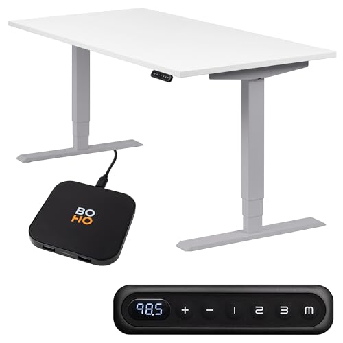 boho office® höhenverstellbarer Schreibtisch 140 x 80 cm - Elektrisch stufenlos, 2 Motoren, 3-Fach Teleskop, Memoryfunktion, inkl. Wireless Charger - Homedesk Silber inkl. Tischplatte in Weiß von boho office