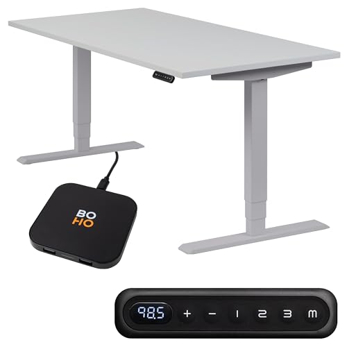 boho office® höhenverstellbarer Schreibtisch 160 x 80 cm - Elektrisch stufenlos, 2 Motoren, 3-Fach Teleskop, Memoryfunktion, inkl. Wireless Charger - Homedesk Silber inkl. Tischplatte in Lichtgrau von boho office