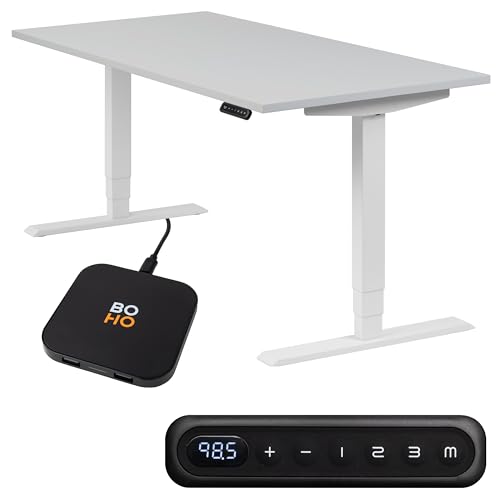 boho office® höhenverstellbarer Schreibtisch 160 x 80 cm - Elektrisch stufenlos, 2 Motoren, 3-Fach Teleskop, Memoryfunktion, inkl. Wireless Charger - Homedesk Weiß inkl. Tischplatte in Lichtgrau von boho office