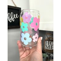 Retro Daisy Bier Dose Glas | Pastell Blumen Boho Positive Vibes Libbey Glasdose 16 Unzen. 20 Bambus Deckel Strohhalme von bohosips