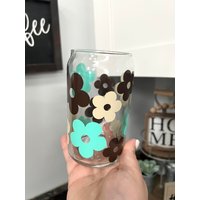 Retro Daisy Bierd Dose Glas | Braun, Beige, Mint Boho Positive Vibes Libbey 16 G. 20 Bambus Deckel Strohhalme von bohosips