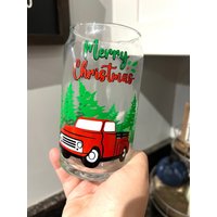 Weihnachts Bierd Dose Glas | Red Truck Frohe Weihnachten Tannenbaum Bauernhof Feiertage Libbey 16 G. Mit Deckel Tumbler von bohosips