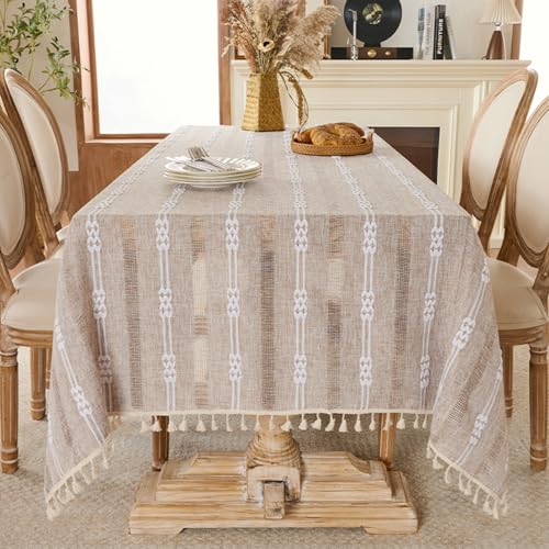 Baumwoll-Leinen-Tischdecke mit Quasten rechteckig Bestickt einfarbig staubdicht für Hochzeitsbankette Partys Geburtstage Picknicks Garten zu Hause zum Essen von boiszeda