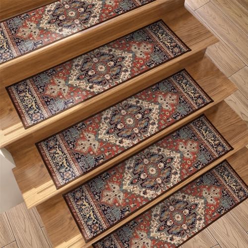 Stufenteppich im Boho-Stil Rutschfester Teppich Innenbereich Treppenstufen Kinder ältere Menschen Haustiere ethnisches Design Treppenstufenmatten für Zuhause Wohnung Keller Treppenmatten Polster von boiszeda