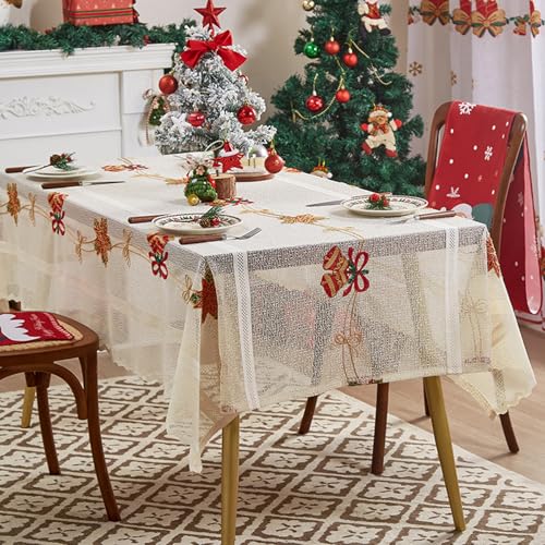 Weihnachts-Tischdecke mit Jingle Bells verziert halbtransparente Tischdecke aus Polyester-Spitze Couchtisch-Matte Festtagsdekoration von boiszeda