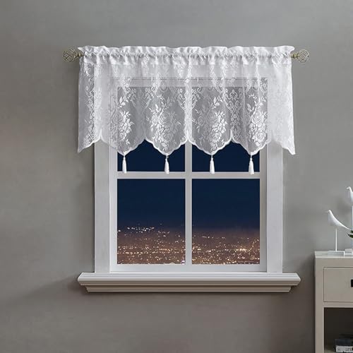 boiszeda Halbtransparente weiße Spitzenstickerei mit Blumenmuster Vorhang für Schrankfenster Kurze Café-Vorhänge mit Quasten für kleine Fenster lichtdurchlässig mit Stangentasche von boiszeda