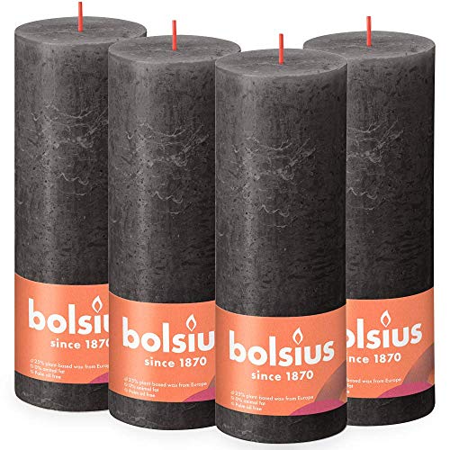 Bolsius Rustik Stumpenkerzen - Anthrazit - Set 4 Stück - Länge Brenndauer 85 Stunden - Unparfümierte - Natürliches Pflanzenwachs - Ohne Palmöl - 19 x 7 cm von bolsius