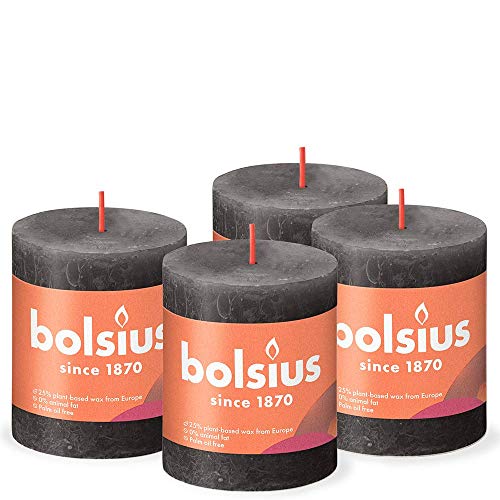 Bolsius Rustik Stumpenkerzen - Anthrazit - Set 4 Stück - Länge Brenndauer 35 Stunden - Unparfümierte - Natürliches Pflanzenwachs - Ohne Palmöl - 8 x 7 cm, Dunkelgrau von bolsius