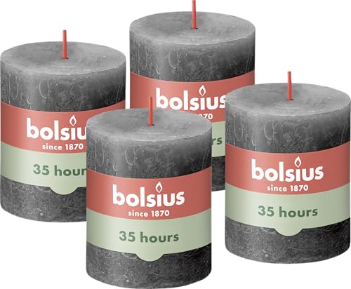 Bolsius Rustik Stumpenkerzen - Anthrazit - Set 4 Stück - Länge Brenndauer 35 Stunden - Unparfümierte - Natürliches Pflanzenwachs - Ohne Palmöl - 8 x 7 cm, Dunkelgrau von bolsius