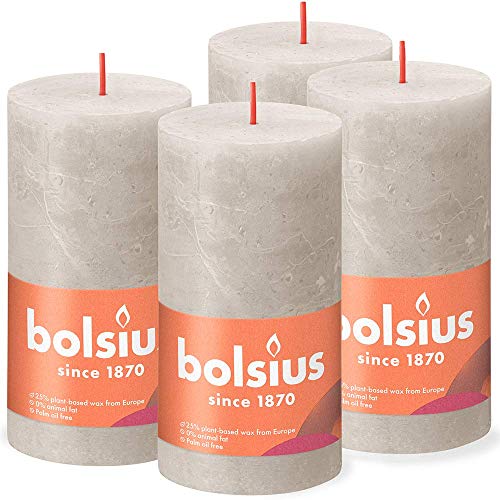 Bolsius Rustik Stumpenkerzen - Hellgrau - Set 4 Stück - Dekorative Haushaltkerzen - Länge Brenndauer 60 Stunden - Unparfümierte - Natürliches Pflanzenwachts - Ohne Palmöl - 13 x 7 cm von bolsius