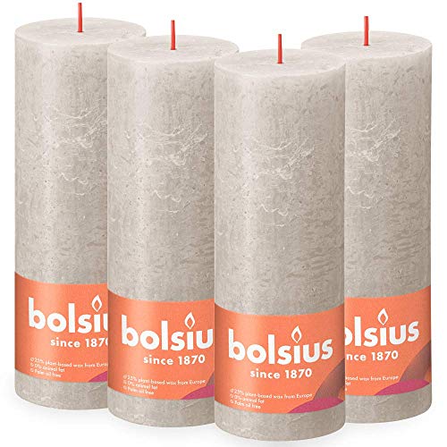 Bolsius Rustik Stumpenkerzen - Hellgrau - 4 Stück - 19 x 7 cm- Dekorative Haushaltkerzen - Länge Brenndauer 85 Stunden - Unparfümierte - Natürliches Pflanzenwachs - Ohne Palmöl von bolsius