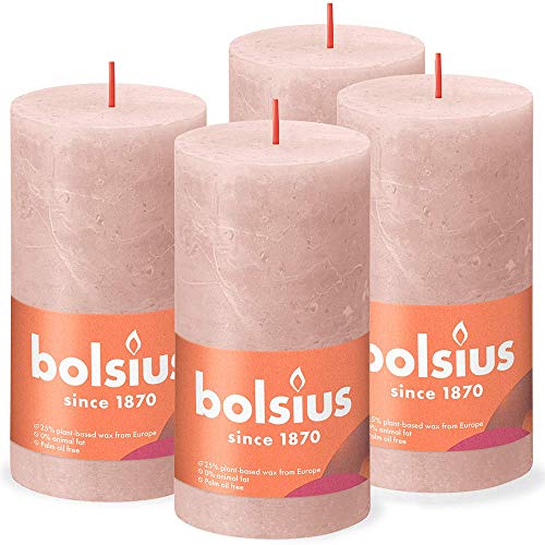 Bolsius Rustik Stumpenkerzen - Hellrosa - Set 4 Stück - Dekorative Haushaltkerzen - Länge Brenndauer 60 Stunden - Unparfümierte - Natürliches Pflanzenwachts - Ohne Palmöl - 13 x 7 cm von bolsius