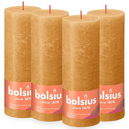 Bolsius Rustik Stumpenkerzen - Ockergelb - Set 4 Stück - Dekorative Haushaltkerzen - Länge Brenndauer 85 Stunden - Unparfümierte - Natürliches Pflanzenwachs - Ohne Palmöl - 19 x 7 cm von bolsius