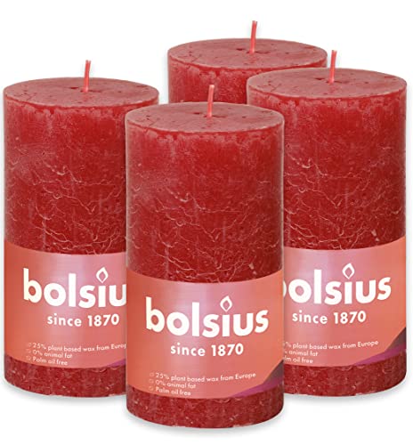 Bolsius Rustik Stumpenkerzen - Rot - 4 Stück - 13 x 7 cm - Länge Brenndauer 60 Stunden - Unparfümierte - Natürliches Pflanzenwachs - Ohne Palmöl von bolsius