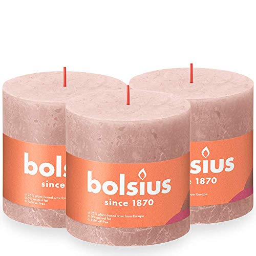 Bolsius Rustik Stumpenkerze XXL - Hellrosa - 3 Stück - 10 x 10 cm - Dekorative Haushaltkerzen - Länge Brenndauer 62 Stunden - Unparfümierte - Enthält Natürliches Pflanzenwachs - Ohne Palmöl von bolsius