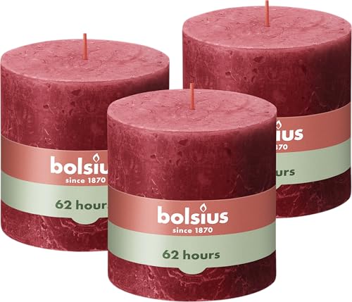 Bolsius Rustik Stumpenkerze XXL - Rot - Set 3 Stück - Dekorative Haushaltkerzen - Länge Brenndauer 62 Stunden - Unparfümierte - Natürliches Pflanzenwachts - Ohne Palmöl - Extra Large - 10 x 10 cm von bolsius