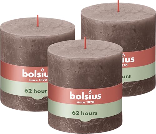 Bolsius Rustik Stumpenkerze XXL - Taupe - 3 Stück - 10 x 10 cm - Dekorative Haushaltkerzen - Länge Brenndauer 62 Stunden - Unparfümierte - Enthält Natürliches Pflanzenwachs - Ohne Palmöl von bolsius