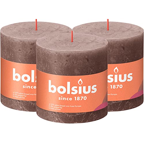 Bolsius Rustik Stumpenkerze XXL - Taupe - 3 Stück - 10 x 10 cm - Dekorative Haushaltkerzen - Länge Brenndauer 62 Stunden - Unparfümierte - Enthält Natürliches Pflanzenwachs - Ohne Palmöl von bolsius