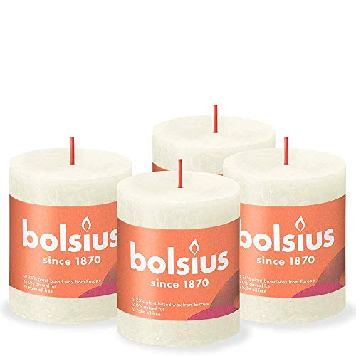 Bolsius Rustik Stumpenkerzen - Weiß - 4 Stück - 8 x 7 cm - Länge Brenndauer 35 Stunden - Unparfümierte - Natürliches Pflanzenwachs - Ohne Palmöl von bolsius