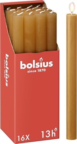 Bolsius - Rustik Stabkerzen- Ockergelb - 16 Stück - 27 x 2.3 cm - Länge Brenndauer 13 Stunden - Unparfümierte - Enthält Natürliches Pflanzenwachs - Ohne Palmöl von bolsius