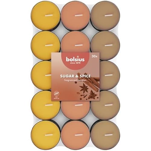 Bolsius - 30 Duft theelichter - Zucker und Gewürz - Brenndauer von 3,5 Stunden - Durchmesser 38 mm – Natürliche Extrakte – Enthält Veganes Wachs – Ohne Palmöl, Sugar And Spice von bolsius