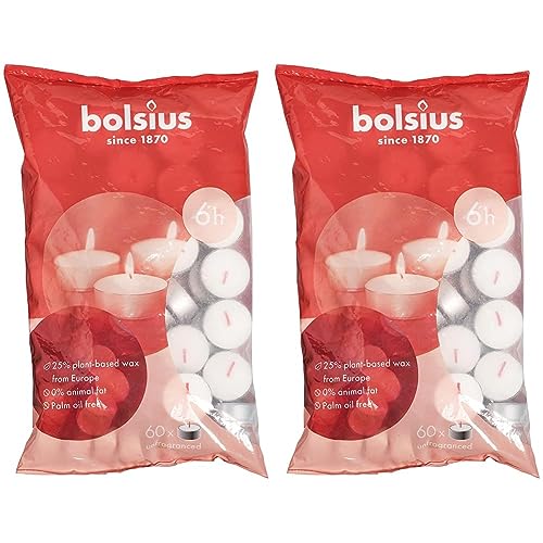 Bolsius D-light Teelichter - im Beutel - Länge Brenndauer 6 Stunden - Dekorative Haushaltkerzen - Weiß - Natürliches Pflanzenwachts - Ohne Palmöl - 60 Stück (Packung mit 2) von bolsius