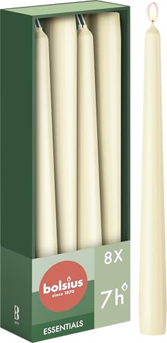 Bolsius Glatte Spitzkerzen - Elfenbein - Set 8 Stück im Karton - Dekorative Haushaltkerzen - Brenndauer 7 Stunden - Unparfümierte - Natürliches Pflanzenwachts - Ohne Palmöl - 24,5 cm von bolsius