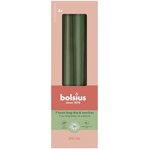 Bolsius Glatte Spitzkerzen - Metallic Grün - Set 4 Stück im Karton - 24,5 cm - Dekorative Haushaltkerzen - Brenndauer 7 Stunden - Unparfümierte - Natürliches Pflanzenwachts - Ohne Palmöl Bolsius Glatte Spitzkerzen - Metallic Grün - Set 4 Stück im Karton - 24,5 cm - Dekorative Haushaltkerzen - Brenndauer 7 Stunden - Unparfümierte - Natürliches Pflanzenwachts - Ohne Palmöl von bolsius